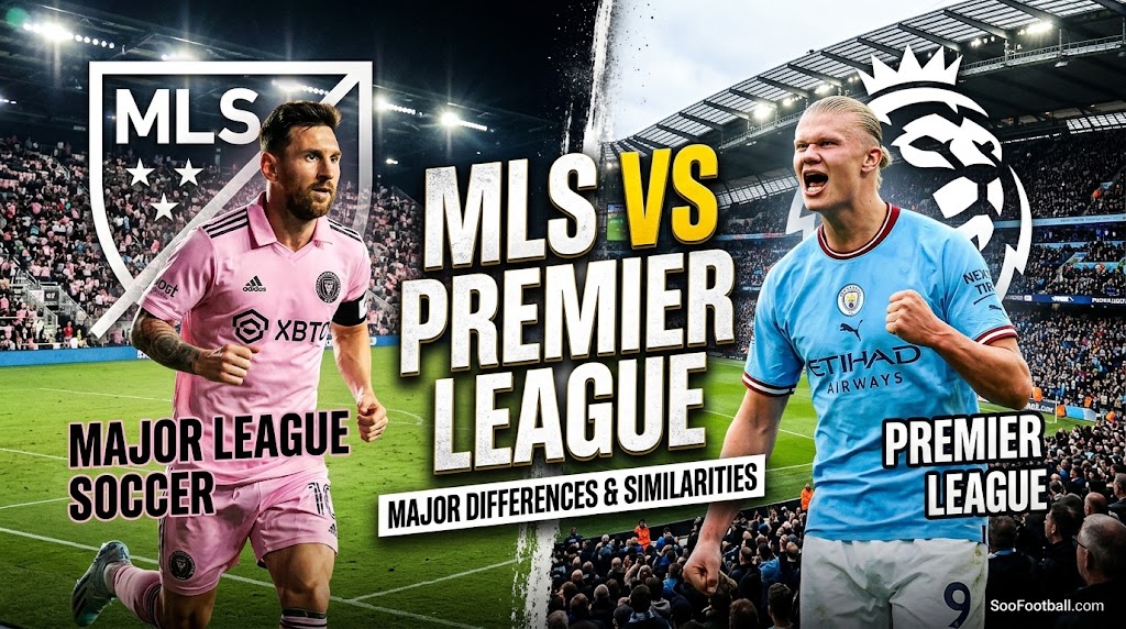 Lionel Messi in an Inter Miami MLS jersey and Erling Haaland in a Manchester City Premier League jersey side-by-side, representing MLS vs Premier League differences and similarities