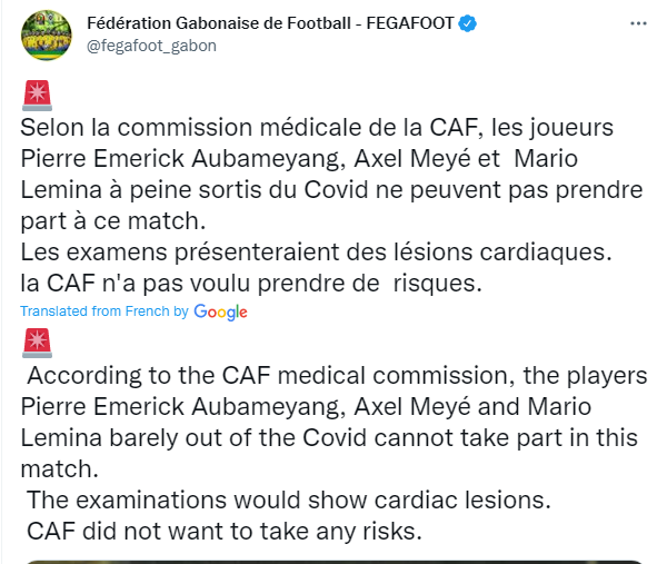 Aubameyang heart issue confirmed by Gabon football federation.