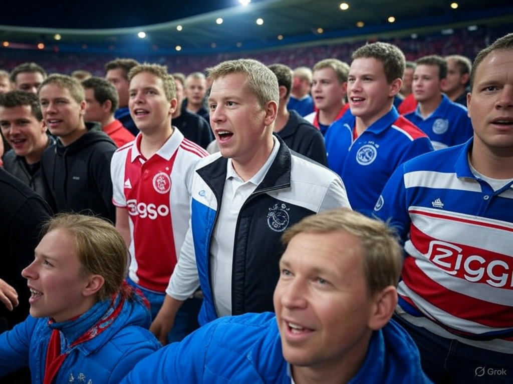 Passionate crowd at Johan Cruijff ArenA cheering during the Ajax vs Twente 2025 Eredivisie match, showcasing fans in team colors with an electric atmosphere