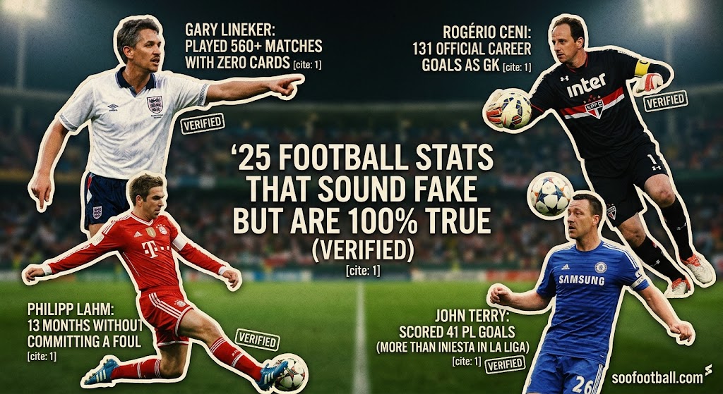 Graphic collage of Gary Lineker, Philipp Lahm, Rogerio Ceni, and John Terry highlighting verified football stats that sound fake but are true with SooFootball branding.