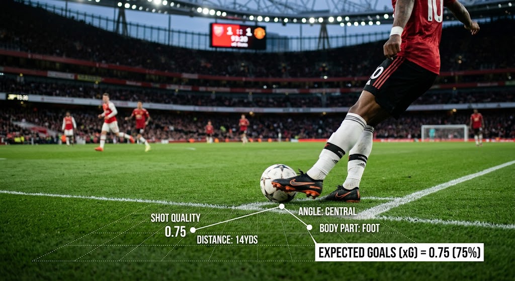 Diagram explaining what xG is in soccer stats showing expected goals calculation breakdown during a football match.