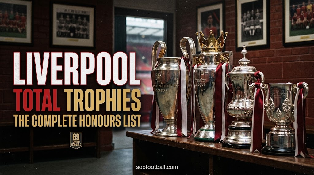 Liverpool total trophies on display at Anfield, featuring the Premier League, UEFA Champions League, FA Cup, and EFL League Cup with soofootball.com branding.