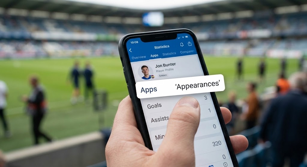 A football fan checking player statistics on a mobile phone showing Apps meaning appearances alongside goals and assists.